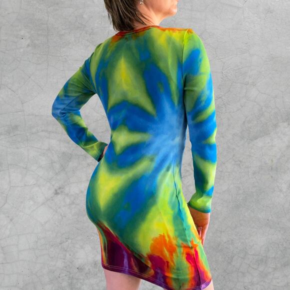 Ice Dyed Bodycon Dress - Long-sleeve Night Out - Hippie Boho Women's XLarge - Picture 3 of 11